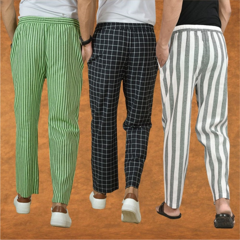 COMBO OF 3 MEN STRIPE COTTON HANDLOOM PANT GRAY BLACK AND OLIVE GREEN-15374