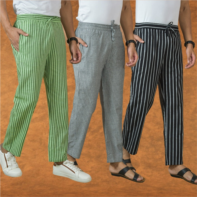 COMBO OF 3 MEN STRIPE COTTON HANDLOOM PANT GRAY BLACK AND OLIVE GREEN-15375