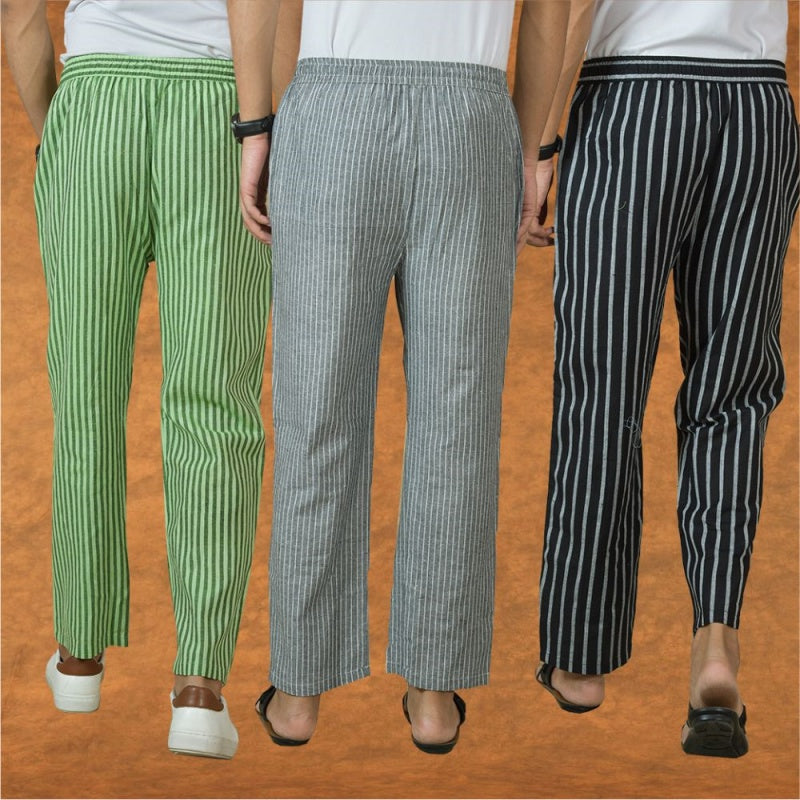 COMBO OF 3 MEN STRIPE COTTON HANDLOOM PANT GRAY BLACK AND OLIVE GREEN-15375