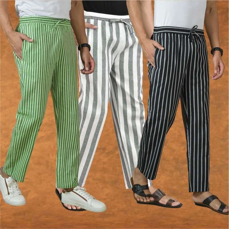 COMBO OF 3 MEN STRIPE COTTON HANDLOOM PANT GRAY BLACK AND OLIVE GREEN-15381