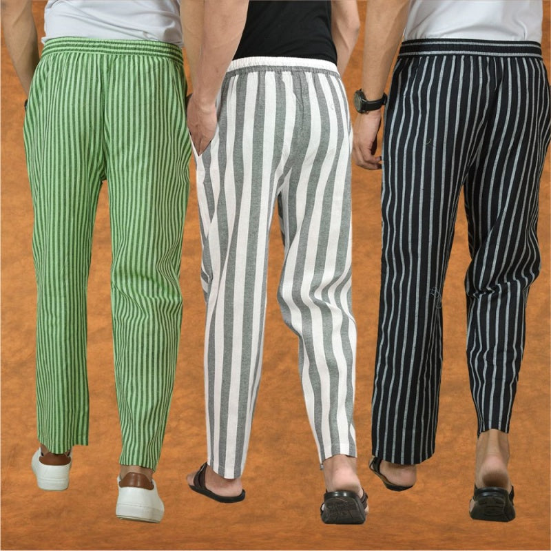 COMBO OF 3 MEN STRIPE COTTON HANDLOOM PANT GRAY BLACK AND OLIVE GREEN-15381