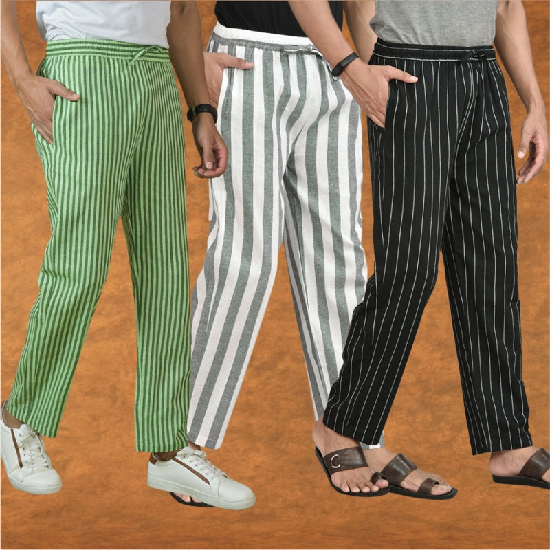 COMBO OF 3 MEN STRIPE COTTON HANDLOOM PANT GRAY BLACK AND OLIVE GREEN-15401