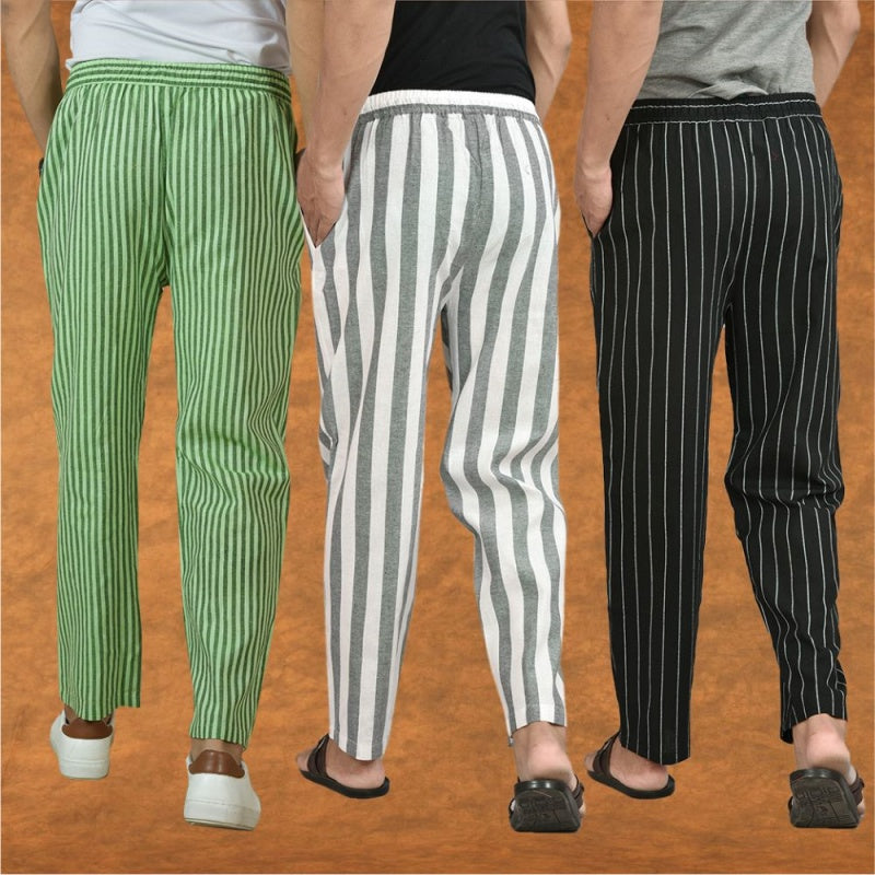COMBO OF 3 MEN STRIPE COTTON HANDLOOM PANT GRAY BLACK AND OLIVE GREEN-15401