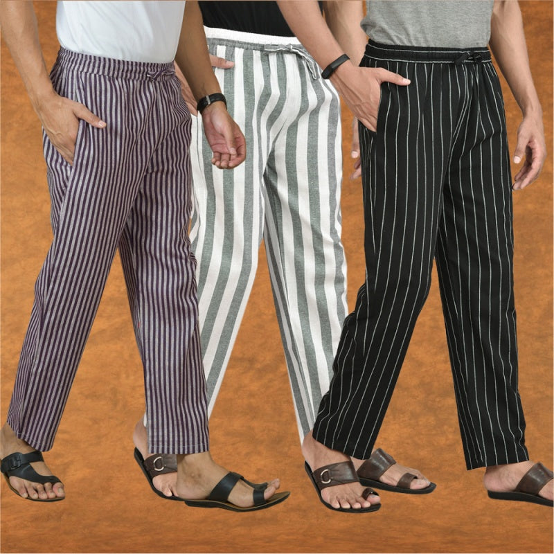 COMBO OF 3 MEN STRIPE COTTON HANDLOOM PANT GRAY BLACK AND PURPLE-15475