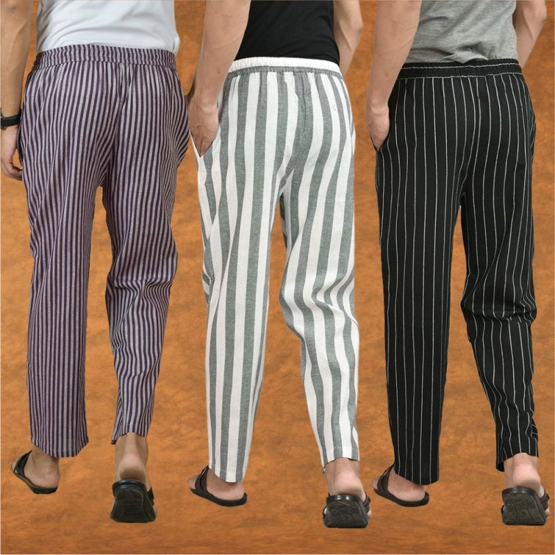 COMBO OF 3 MEN STRIPE COTTON HANDLOOM PANT GRAY BLACK AND PURPLE-15475