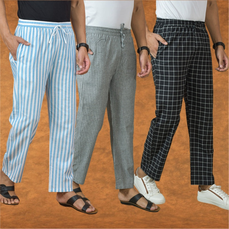 COMBO OF 3 MEN STRIPE COTTON HANDLOOM PANT GRAY BLACK AND SKY BLUE-15165