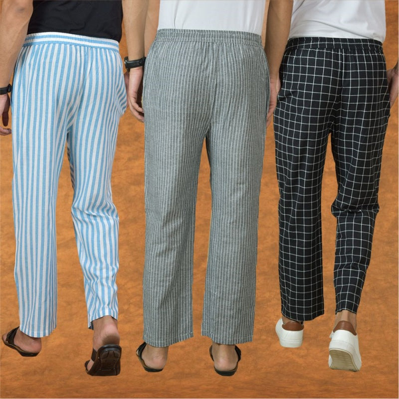 COMBO OF 3 MEN STRIPE COTTON HANDLOOM PANT GRAY BLACK AND SKY BLUE-15165