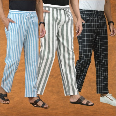 COMBO OF 3 MEN STRIPE COTTON HANDLOOM PANT GRAY BLACK AND SKY BLUE-15171