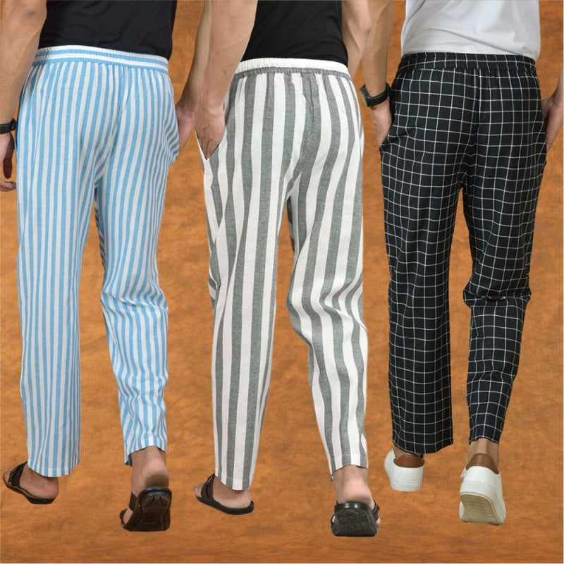 COMBO OF 3 MEN STRIPE COTTON HANDLOOM PANT GRAY BLACK AND SKY BLUE-15171