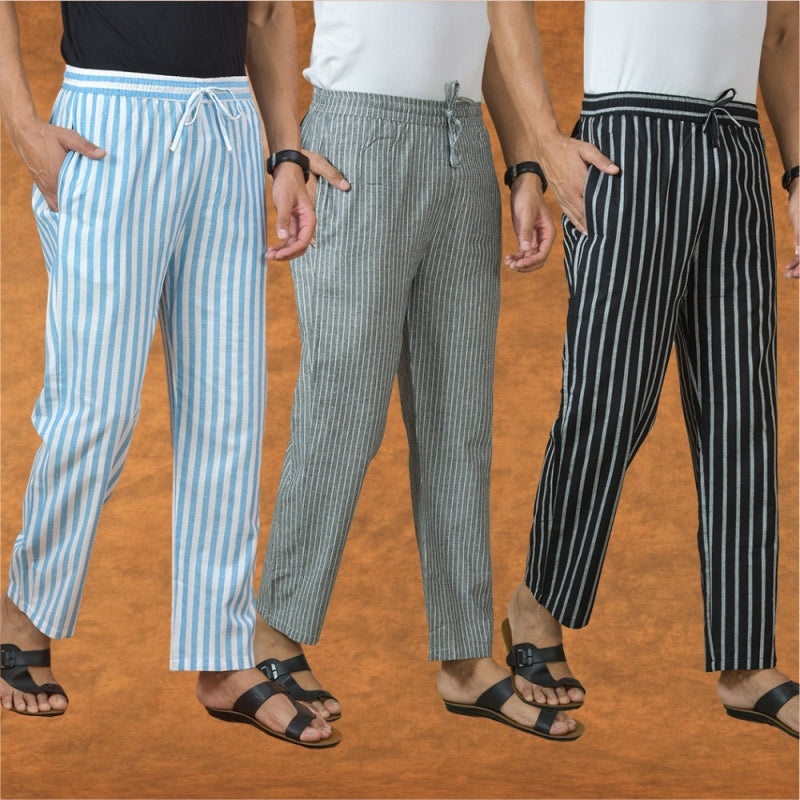 COMBO OF 3 MEN STRIPE COTTON HANDLOOM PANT GRAY BLACK AND SKY BLUE-15172