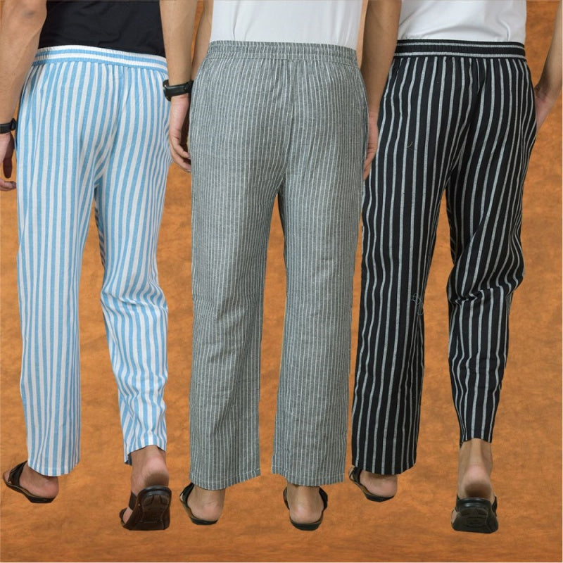 COMBO OF 3 MEN STRIPE COTTON HANDLOOM PANT GRAY BLACK AND SKY BLUE-15172