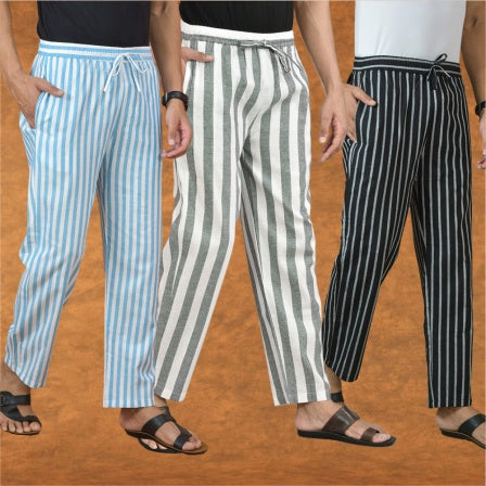 COMBO OF 3 MEN STRIPE COTTON HANDLOOM PANT GRAY BLACK AND SKY BLUE-15178