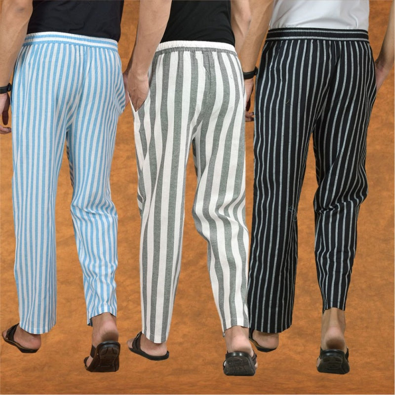 COMBO OF 3 MEN STRIPE COTTON HANDLOOM PANT GRAY BLACK AND SKY BLUE-15178