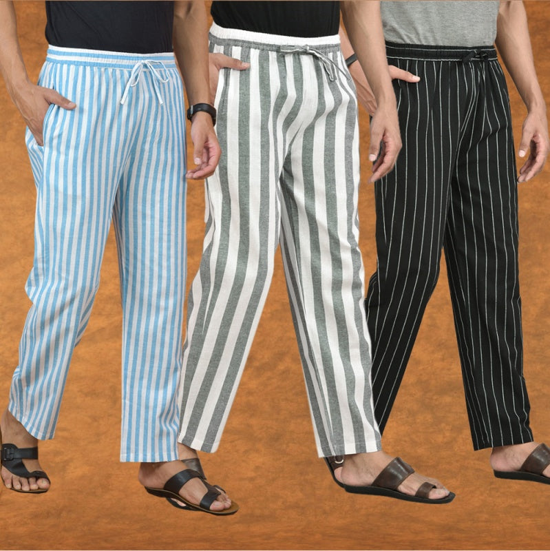 COMBO OF 3 MEN STRIPE COTTON HANDLOOM PANT GRAY BLACK AND SKY BLUE-15198