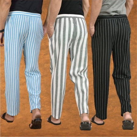 COMBO OF 3 MEN STRIPE COTTON HANDLOOM PANT GRAY BLACK AND SKY BLUE-15198