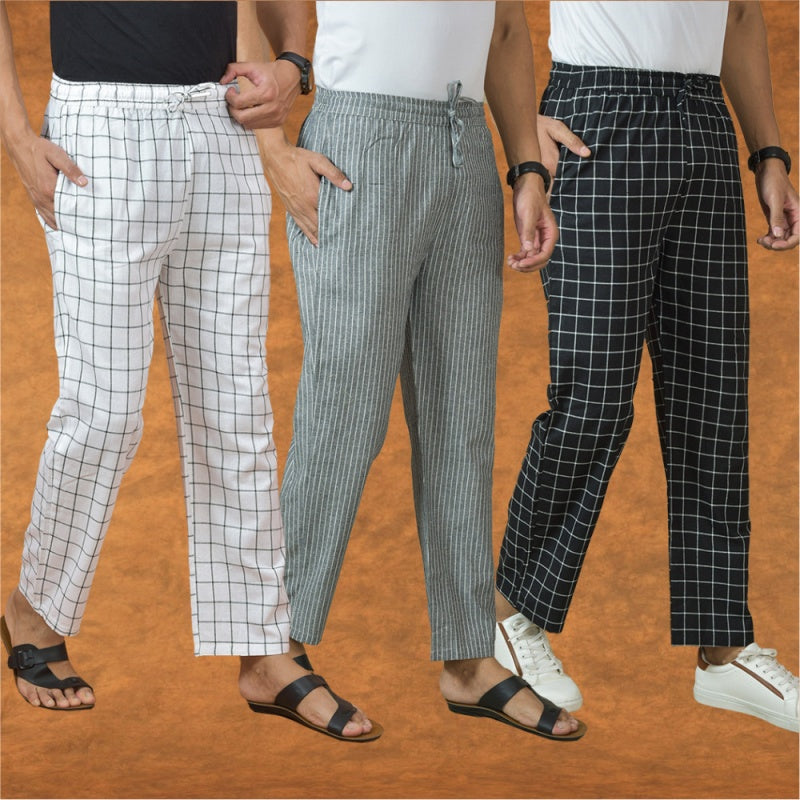COMBO OF 3 MEN STRIPE COTTON HANDLOOM PANT GRAY BLACK AND WHITE-15287