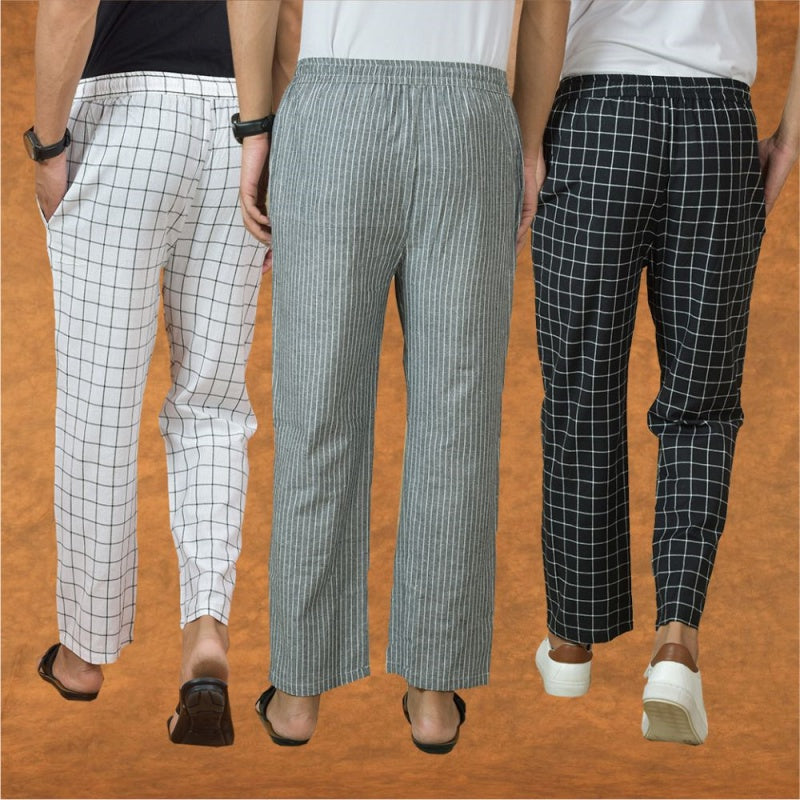 COMBO OF 3 MEN STRIPE COTTON HANDLOOM PANT GRAY BLACK AND WHITE-15287
