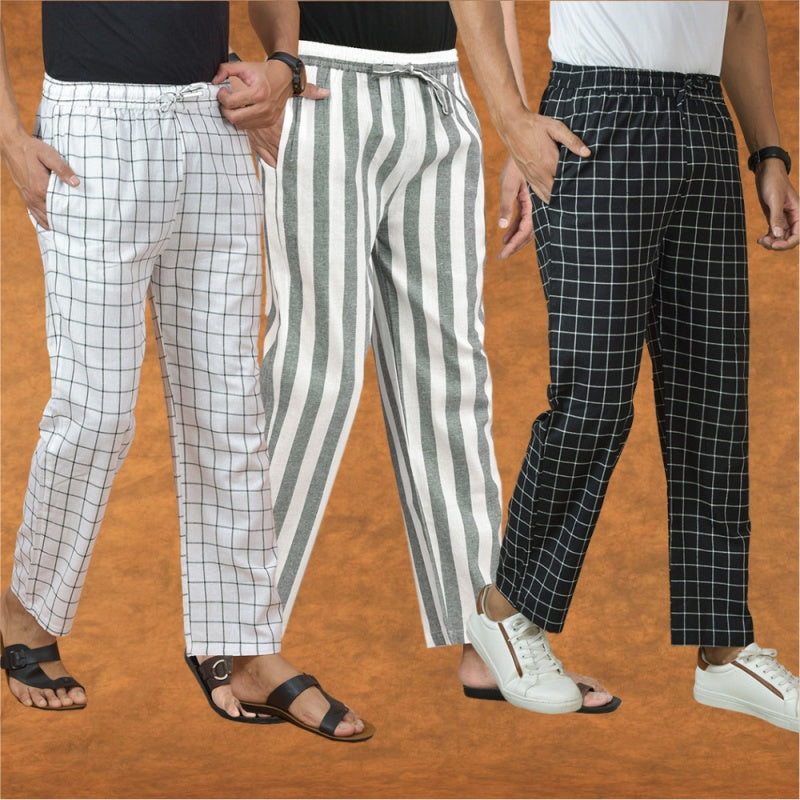 COMBO OF 3 MEN STRIPE COTTON HANDLOOM PANT GRAY BLACK AND WHITE-15293