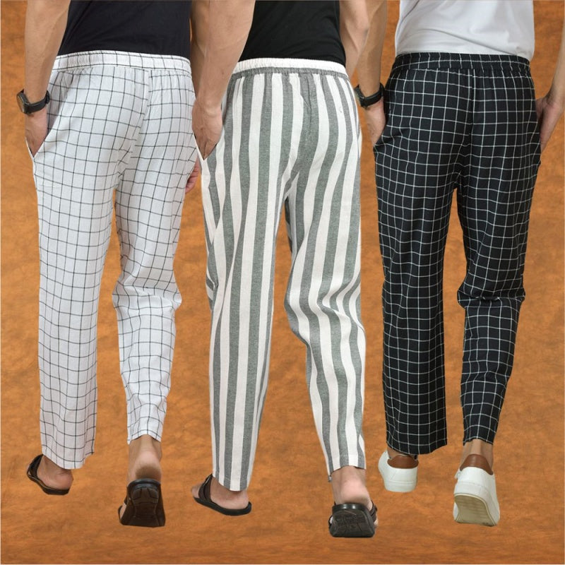COMBO OF 3 MEN STRIPE COTTON HANDLOOM PANT GRAY BLACK AND WHITE-15293