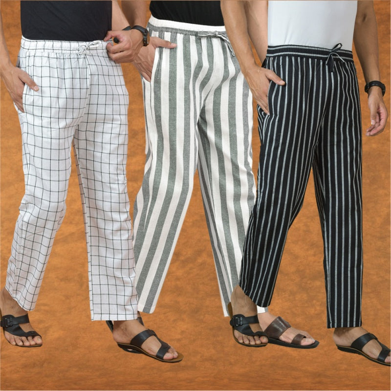 COMBO OF 3 MEN STRIPE COTTON HANDLOOM PANT GRAY BLACK AND WHITE-15300
