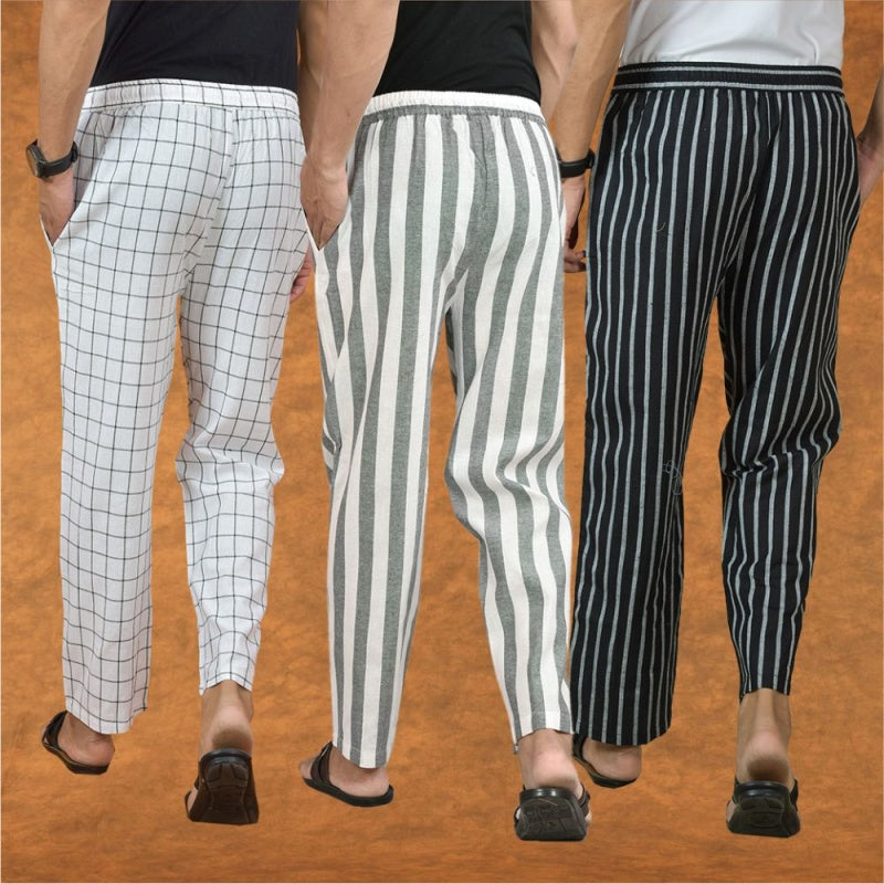 COMBO OF 3 MEN STRIPE COTTON HANDLOOM PANT GRAY BLACK AND WHITE-15300