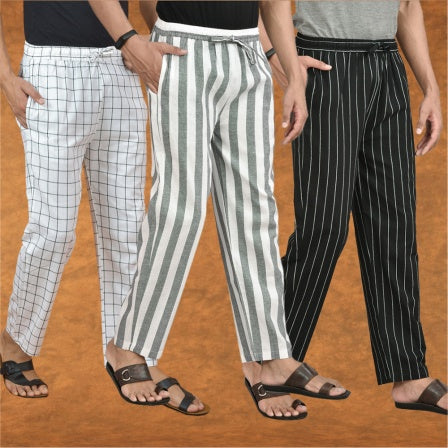 COMBO OF 3 MEN STRIPE COTTON HANDLOOM PANT GRAY BLACK AND WHITE-15320