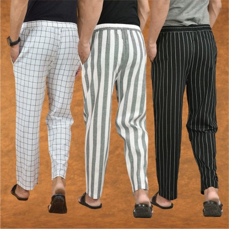 COMBO OF 3 MEN STRIPE COTTON HANDLOOM PANT GRAY BLACK AND WHITE-15320