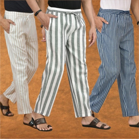 COMBO OF 3 MEN STRIPE COTTON HANDLOOM PANT GRAY BLUE AND BEIGE-15363