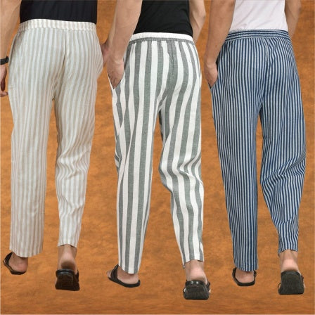 COMBO OF 3 MEN STRIPE COTTON HANDLOOM PANT GRAY BLUE AND BEIGE-15363