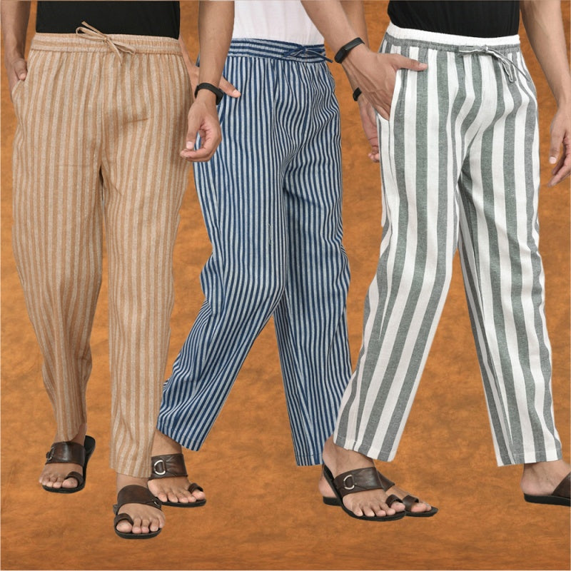COMBO OF 3 MEN STRIPE COTTON HANDLOOM PANT GRAY BLUE AND BEIGE-15479