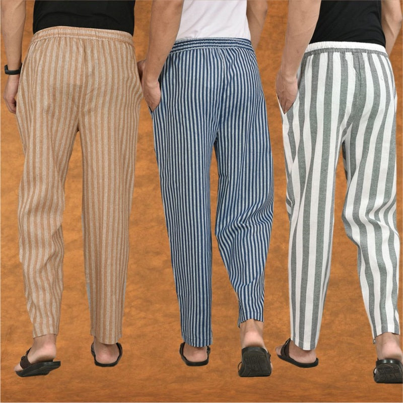 COMBO OF 3 MEN STRIPE COTTON HANDLOOM PANT GRAY BLUE AND BEIGE-15479
