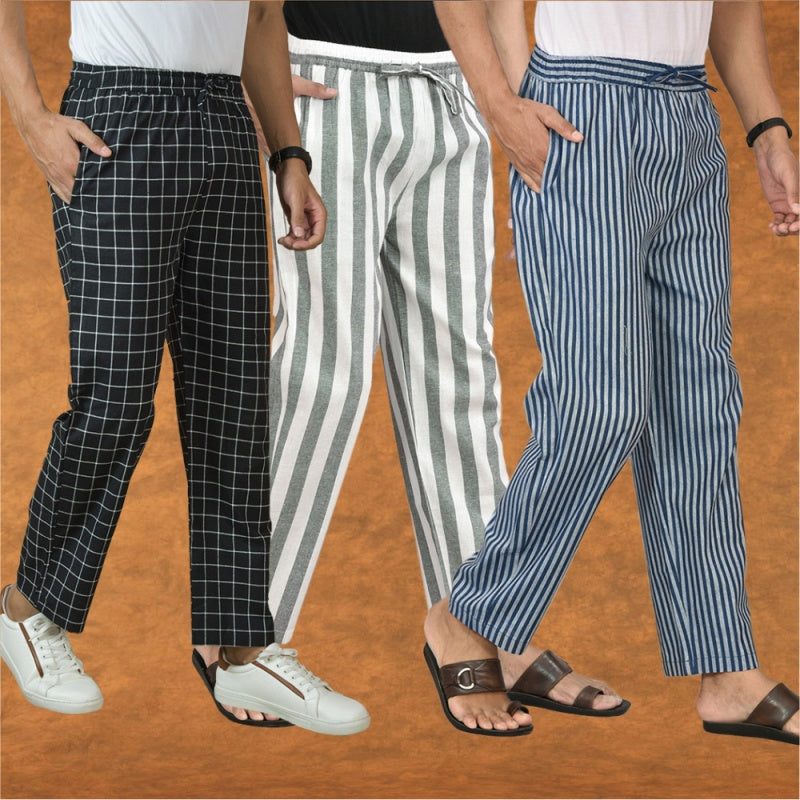 COMBO OF 3 MEN STRIPE COTTON HANDLOOM PANT GRAY BLUE AND BLACK-15427