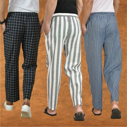 COMBO OF 3 MEN STRIPE COTTON HANDLOOM PANT GRAY BLUE AND BLACK-15427