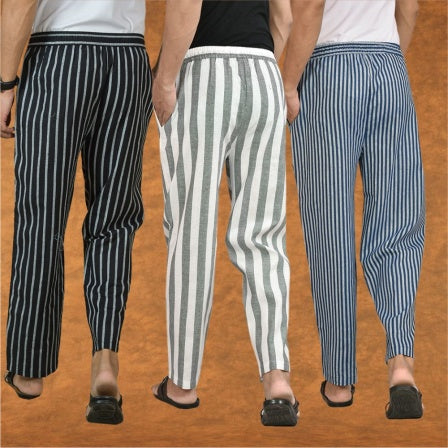 COMBO OF 3 MEN STRIPE COTTON HANDLOOM PANT GRAY BLUE AND BLACK-15448