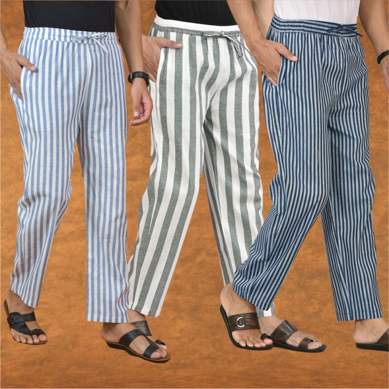 COMBO OF 3 MEN STRIPE COTTON HANDLOOM PANT GRAY BLUE AND BLUE-15263