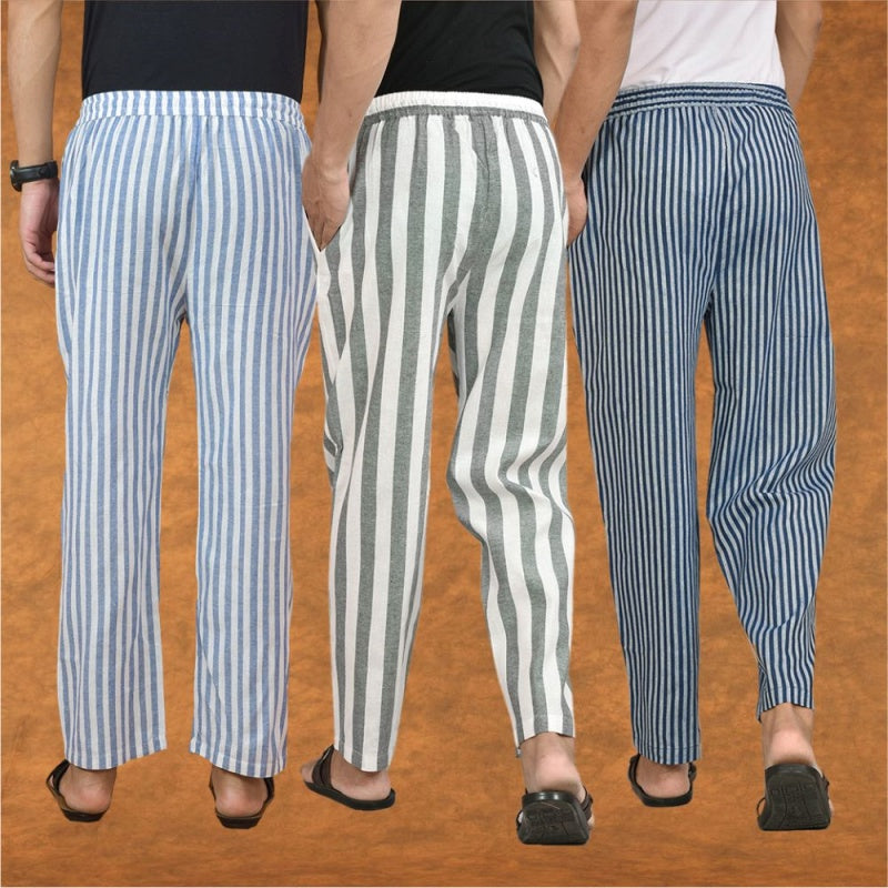 COMBO OF 3 MEN STRIPE COTTON HANDLOOM PANT GRAY BLUE AND BLUE-15263