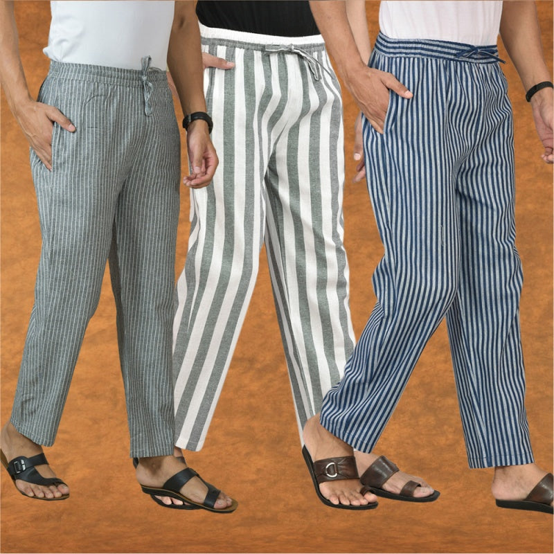 COMBO OF 3 MEN STRIPE COTTON HANDLOOM PANT GRAY BLUE AND GRAY-15463