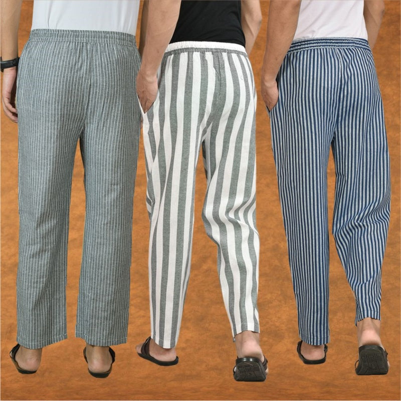 COMBO OF 3 MEN STRIPE COTTON HANDLOOM PANT GRAY BLUE AND GRAY-15463