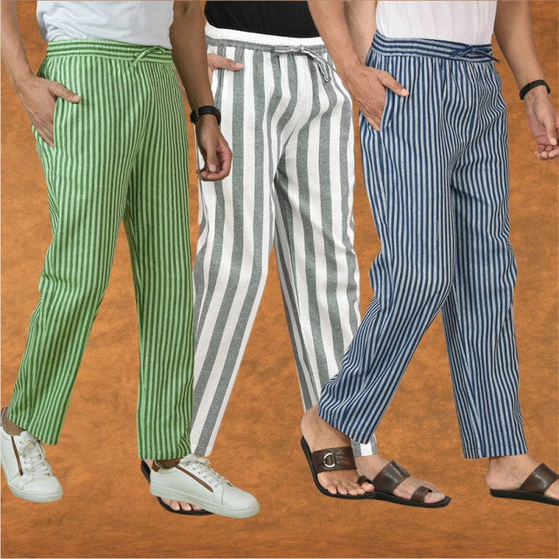 COMBO OF 3 MEN STRIPE COTTON HANDLOOM PANT GRAY BLUE AND OLIVE GREEN-15399