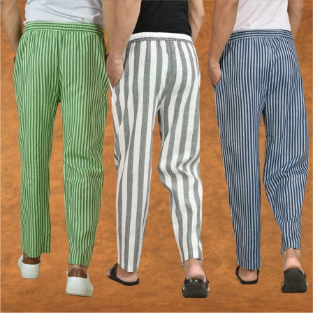 COMBO OF 3 MEN STRIPE COTTON HANDLOOM PANT GRAY BLUE AND OLIVE GREEN-15399