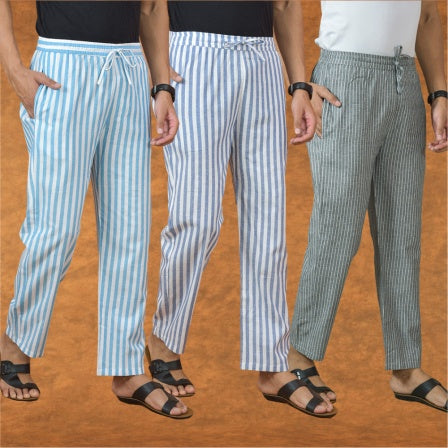 COMBO OF 3 MEN STRIPE COTTON HANDLOOM PANT GRAY BLUE AND SKY BLUE-15127