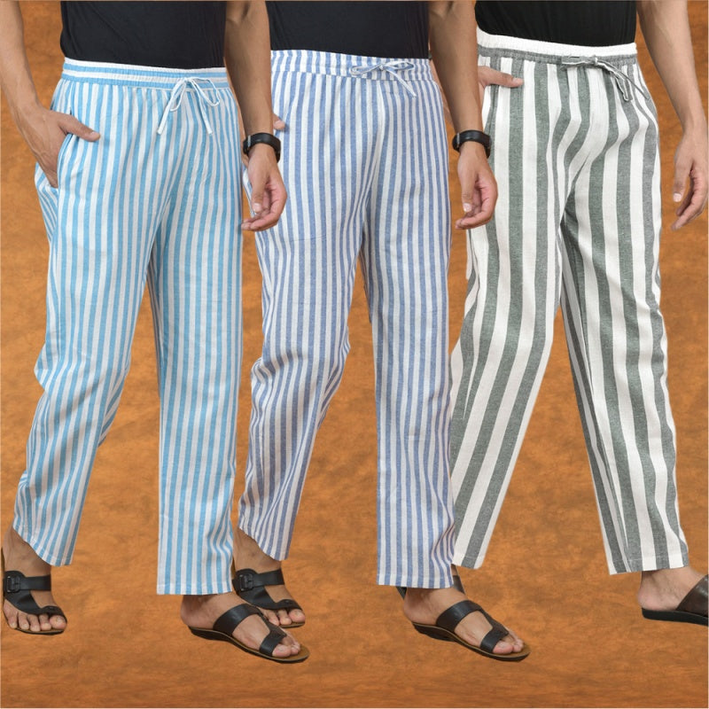 COMBO OF 3 MEN STRIPE COTTON HANDLOOM PANT GRAY BLUE AND SKY BLUE-15133