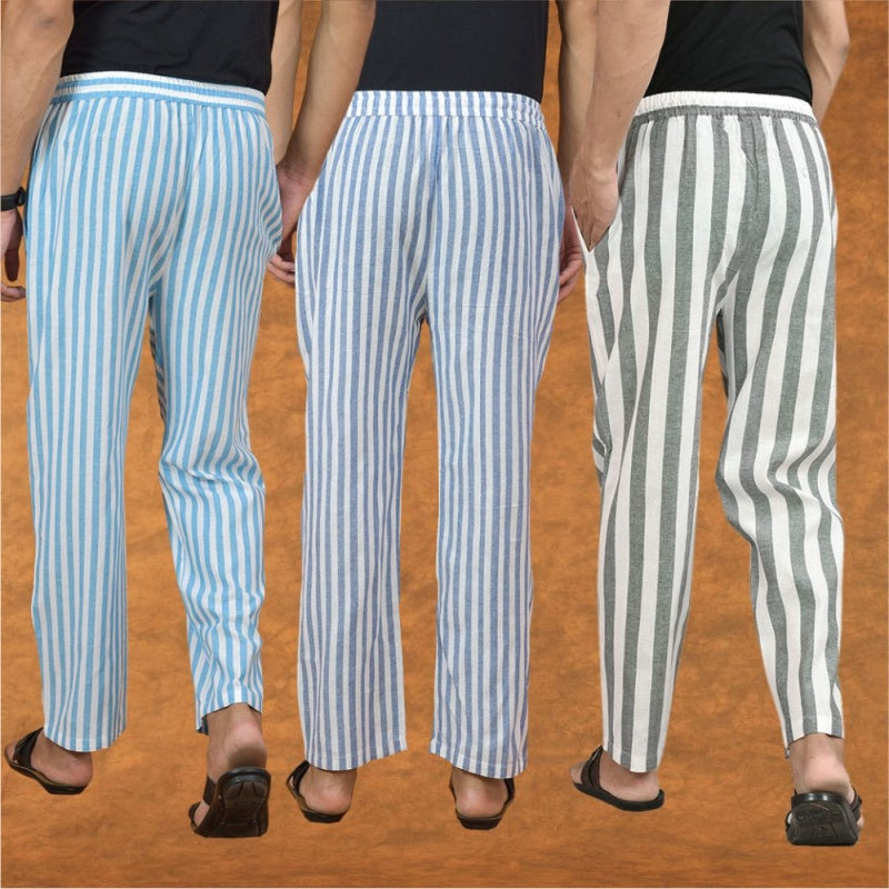 COMBO OF 3 MEN STRIPE COTTON HANDLOOM PANT GRAY BLUE AND SKY BLUE-15133