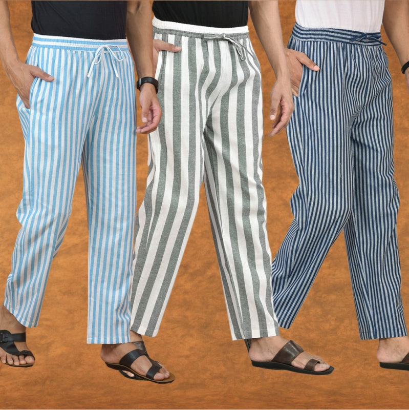 COMBO OF 3 MEN STRIPE COTTON HANDLOOM PANT GRAY BLUE AND SKY BLUE-15196