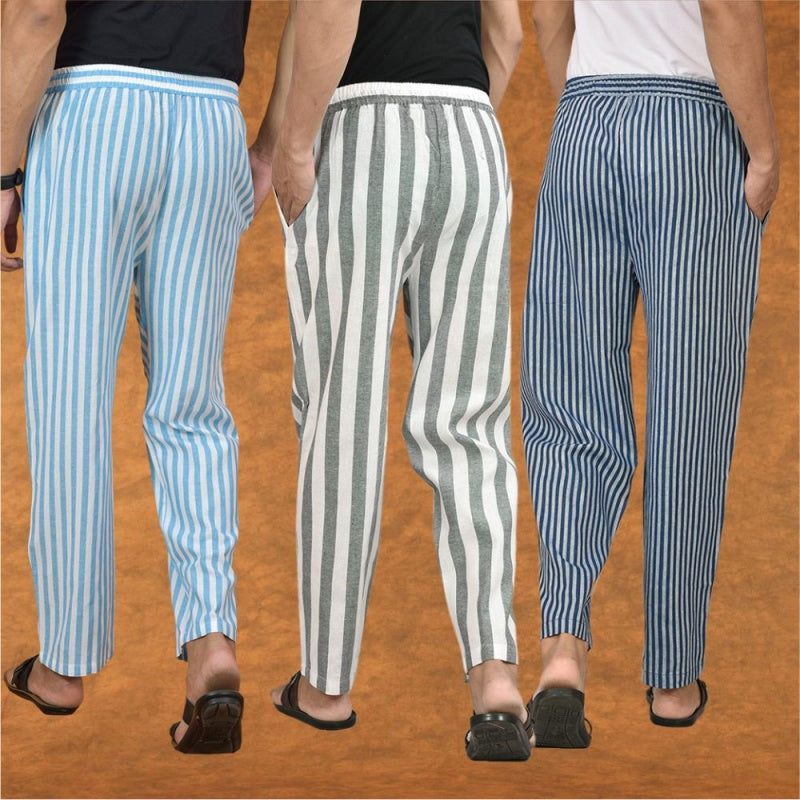 COMBO OF 3 MEN STRIPE COTTON HANDLOOM PANT GRAY BLUE AND SKY BLUE-15196