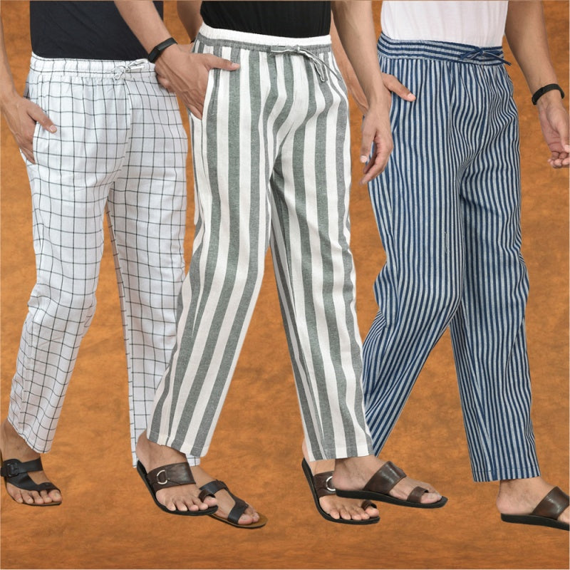COMBO OF 3 MEN STRIPE COTTON HANDLOOM PANT GRAY BLUE AND WHITE-15318