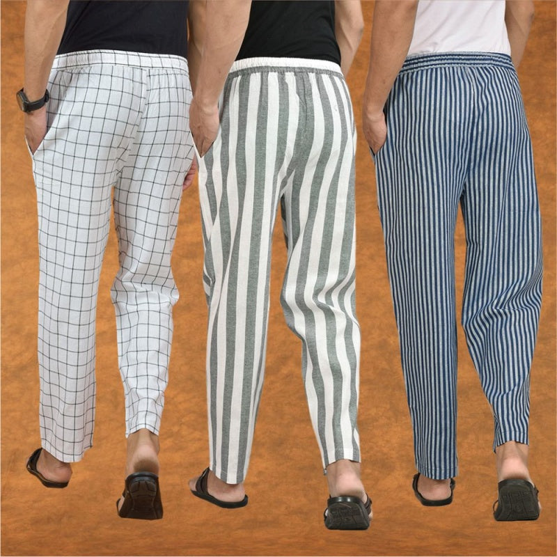 COMBO OF 3 MEN STRIPE COTTON HANDLOOM PANT GRAY BLUE AND WHITE-15318