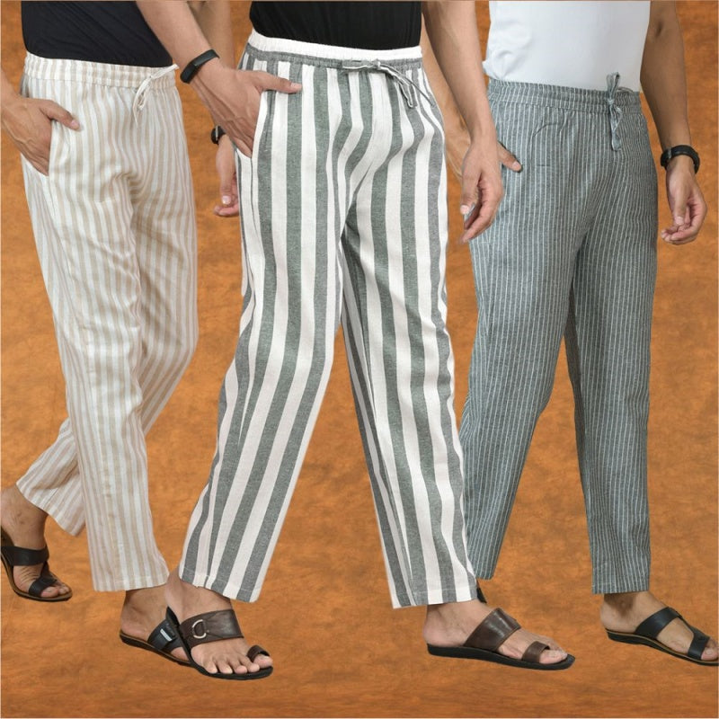 COMBO OF 3 MEN STRIPE COTTON HANDLOOM PANT GRAY GRAY AND BEIGE-15351