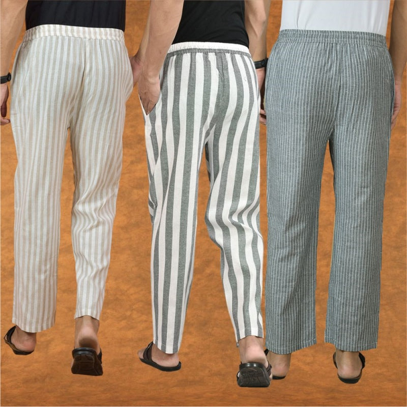 COMBO OF 3 MEN STRIPE COTTON HANDLOOM PANT GRAY GRAY AND BEIGE-15351