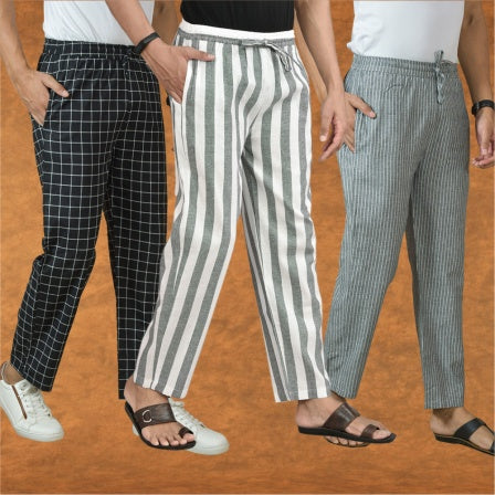 COMBO OF 3 MEN STRIPE COTTON HANDLOOM PANT GRAY GRAY AND BLACK-15415